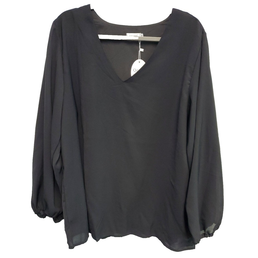 Qearal Womens Top Black Size XL Bishop Sleeve Lined Boho Tunic V Neck Blouse NWT